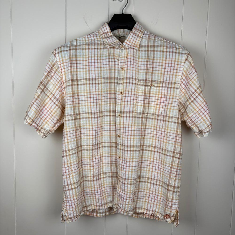 Tommy Bahama Mens XXL Short Sleeve Plaid Linen Cotton Button Down Shirt Orange